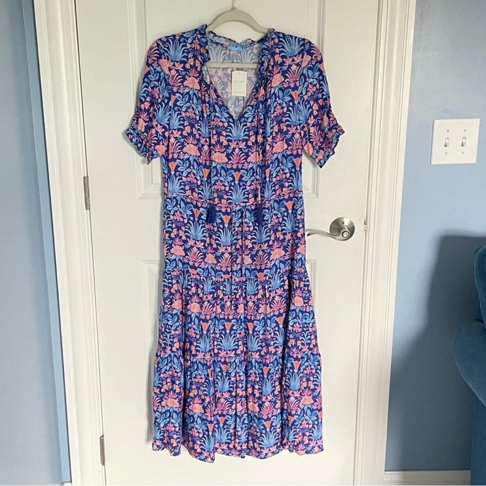 J. MCLAUGHLIN  Blue Multi Floral Chessie Silk Blend Tiered Midi Dress Size S - Picture 3 of 14